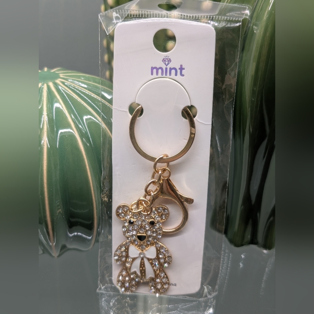 Mint Sparkling Bear Gold W/White Keychain/Bagcharm